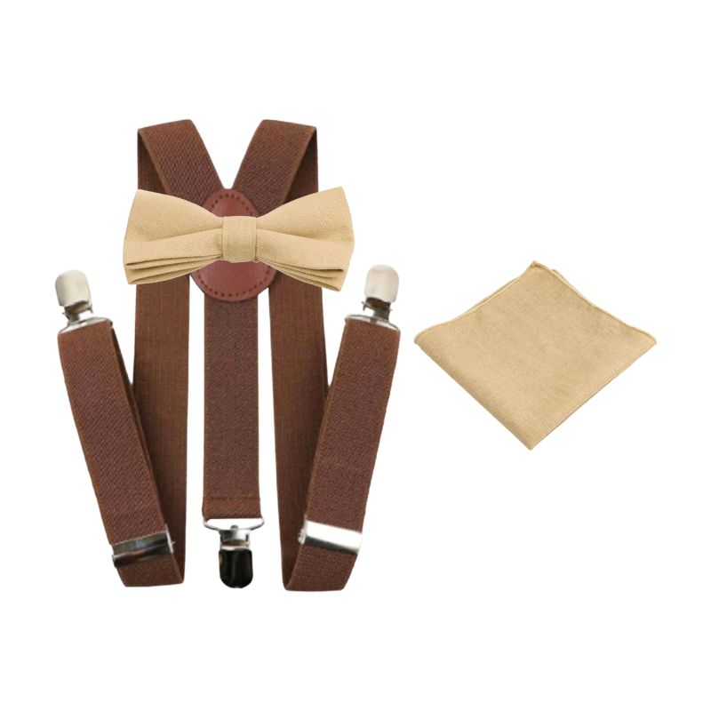Perri Champagne Beige Cotton Boy’s Bow Tie, Pocket Square and Brown Braces Set