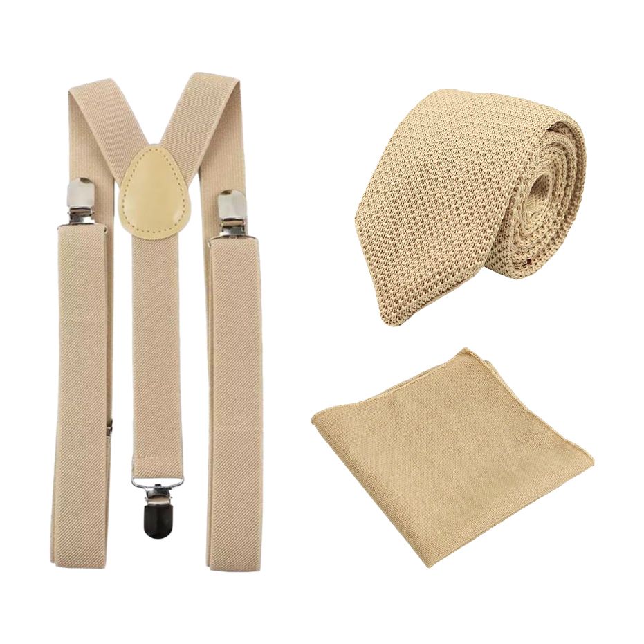 Light Champagne Waffle Knit Tie, Champagne Beige Pocket Square & Cream Braces Set – Perfect for Weddings