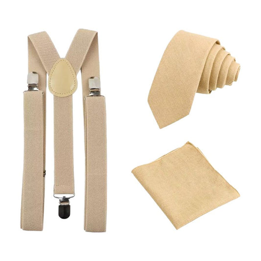 Perri Champagne Beige Cotton Tie, Pocket Square and Cream Braces Set