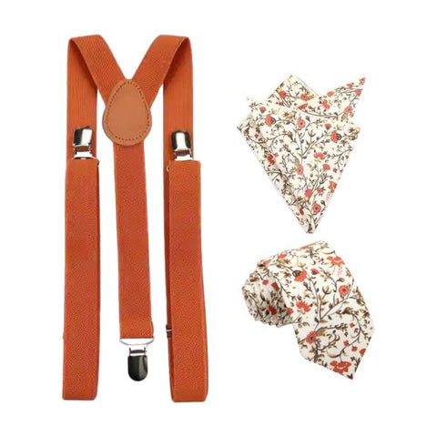 Otto Dusty Orange, Cream & Moss Greens Floral Print Cotton Tie, Pocket Square and Burnt Orange Braces Set