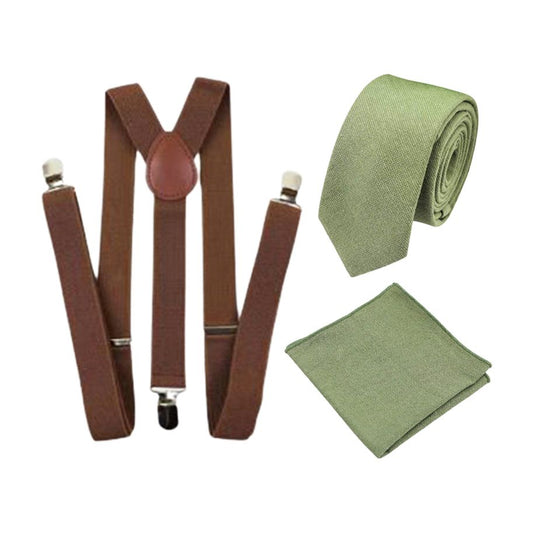 Neve Light Olive Green Cotton Tie, Pocket Square and Brown Braces Set