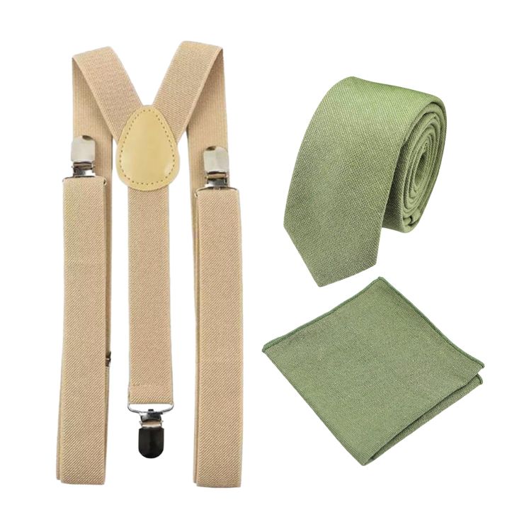 Neve Light Olive Green Cotton Tie, Pocket Square and Cream Braces Set