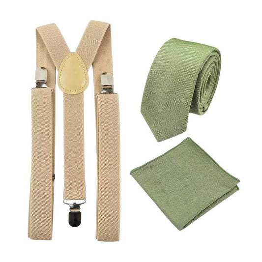 Neve Light Olive Green Cotton Tie, Pocket Square and Cream Braces Set