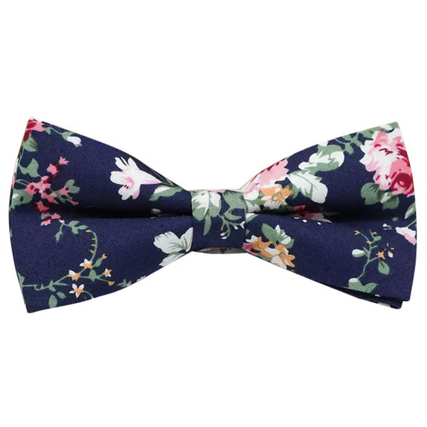 Millie Blue Floral Cotton Bow Tie, Pocket Square and Beige Braces Set