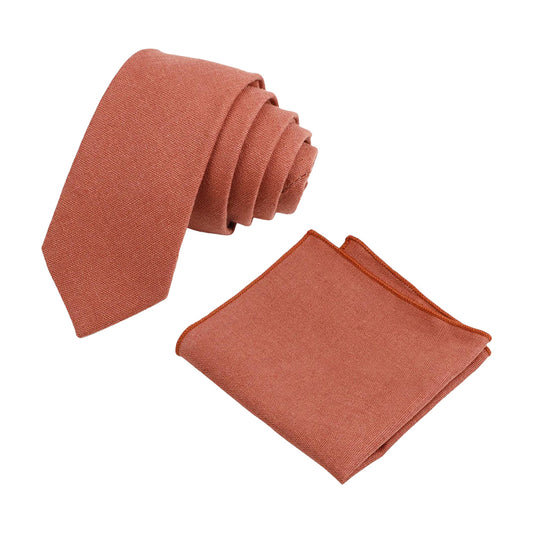Calvin Burnt Coral Cotton Tie & Pocket Square Set – Groomsmen Wedding Accessories