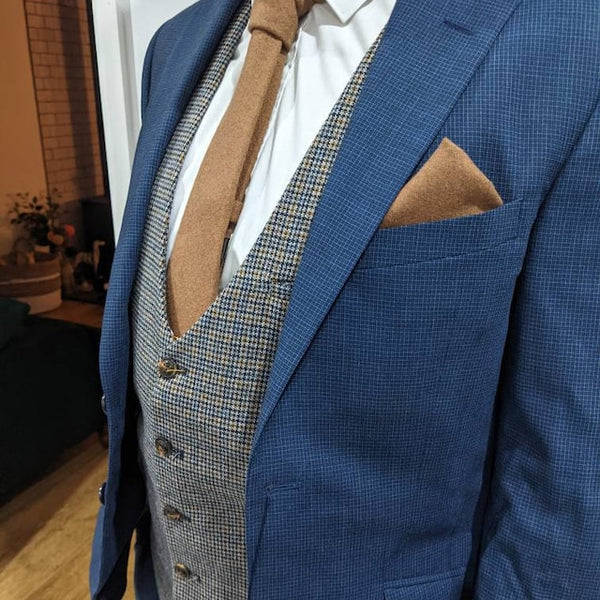 Rufus Camel Tan Skinny Tweed Tie and Orange & Blue Plaid Tartan Pocket Square Set
