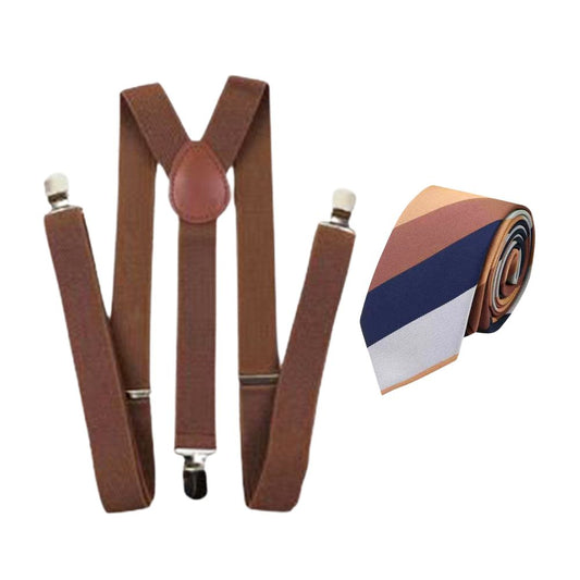 Multi-Tone Diagonal Striped Tie in Rust, Navy & Dove Grey and Brown Braces Set