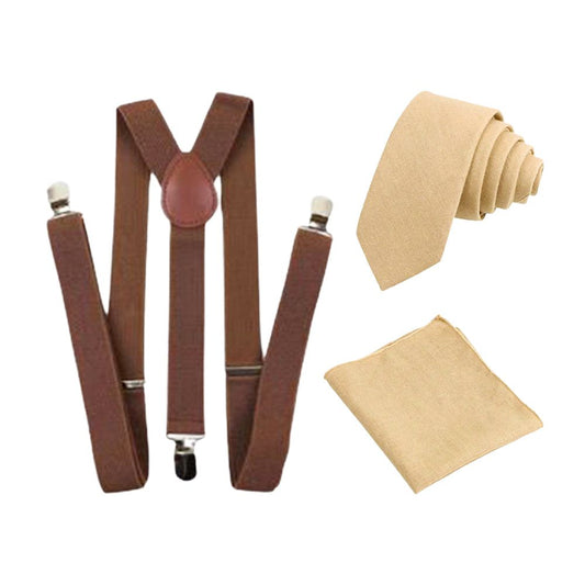 Perri Champagne Beige Cotton Tie, Pocket Square and Brown Braces Set
