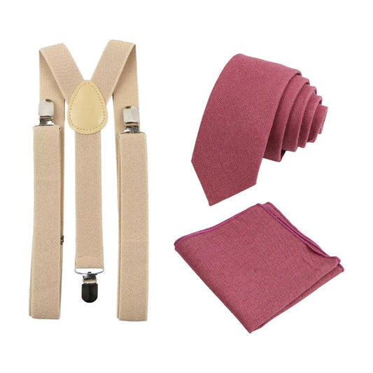 Ambrose Muted Mauve Cotton Tie, Pocket Square and Cream Braces Set