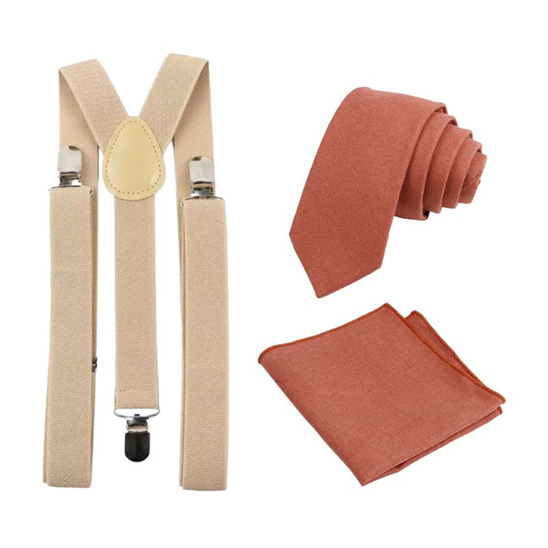 Calvin Burnt Coral Cotton Tie, Pocket Square and Cream Braces Set