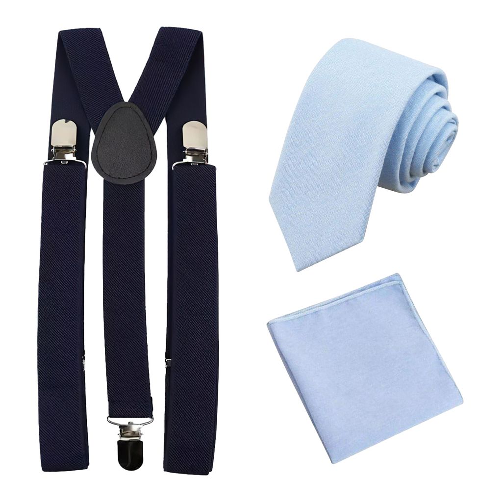 Leo Light Blue Cotton Tie, Pocket Square and Navy Blue Braces Set
