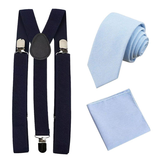 Leo Light Blue Cotton Tie, Pocket Square and Navy Blue Braces Set