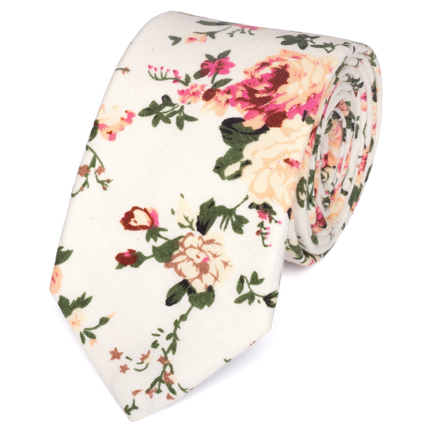 Olivia Cream Floral Cotton Tie, Pocket Square and Eucalyptus Green Braces Set