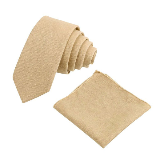 Perri Champagne Beige Cotton Tie & Pocket Square Set – Groomsmen Wedding Accessories