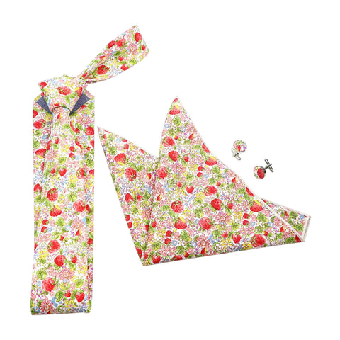 Strawberry Motif Floral Tie, Pocket Square and Matching Cufflink Set