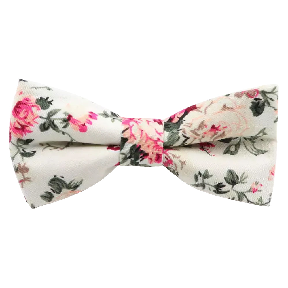 Olivia Cream Floral Luxurious Cotton Boy’s Bow Tie, Pocket Square and Cream Braces Set