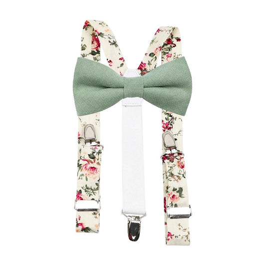 Harrison Sage Green Boy’s Bow Tie and Cream Floral Braces Set