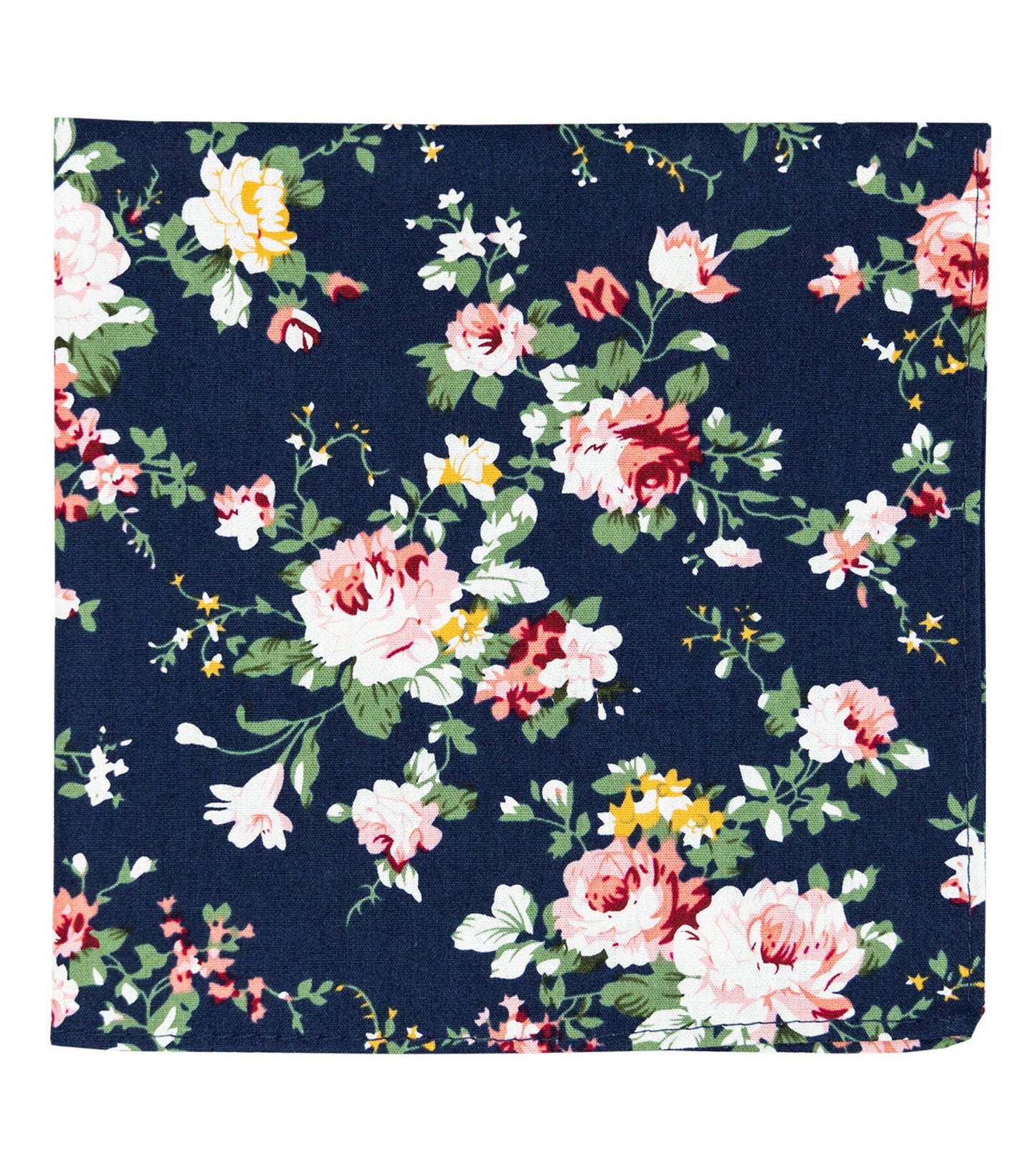 Millie Navy Blue Floral Cotton Skinny Tie & Pocket Square with Navy Blue Plain Adult Braces Set