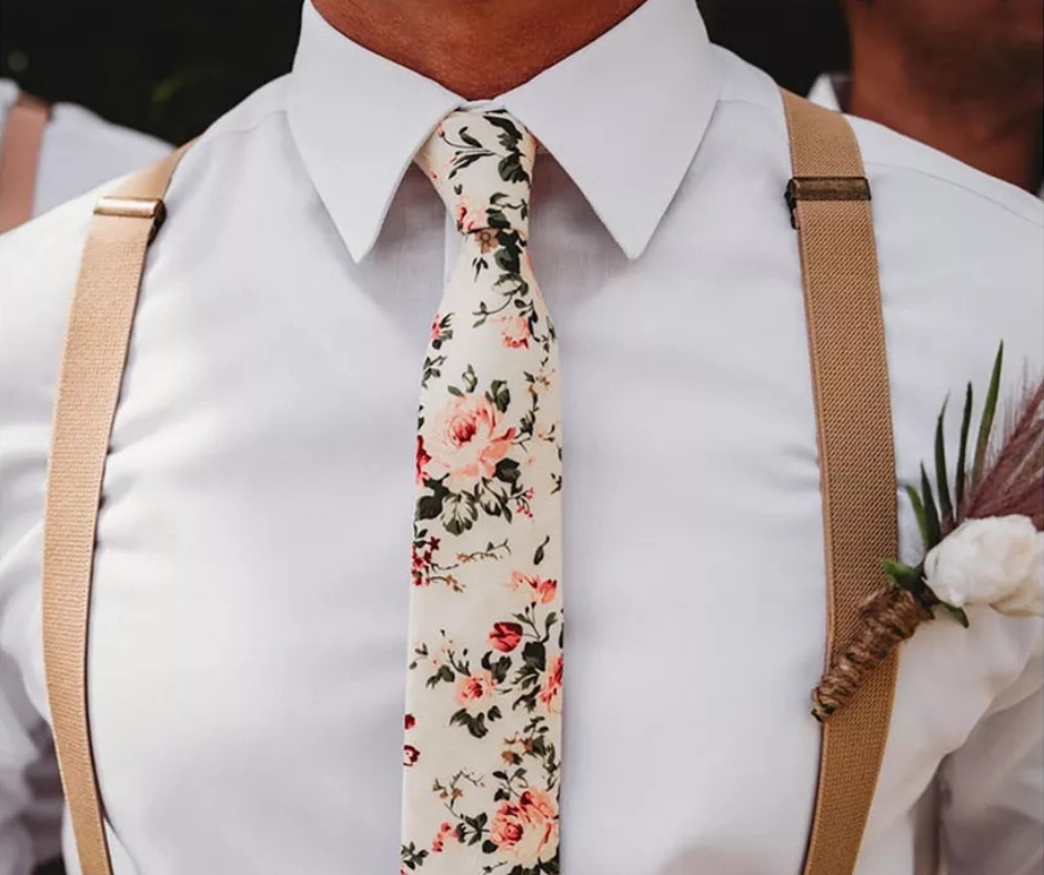 Olivia Cream Floral Adult Cotton Bow Tie and Slate Grey Braces Set