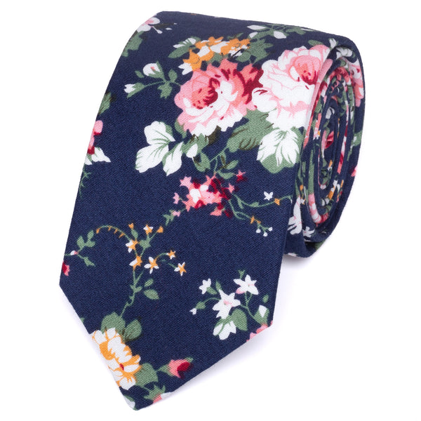 Millie Blue Floral Cotton Tie, Pocket Square and Beige Braces Set