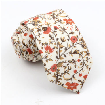 Otto Dusty Orange, Cream & Moss Greens Floral Print Cotton Tie