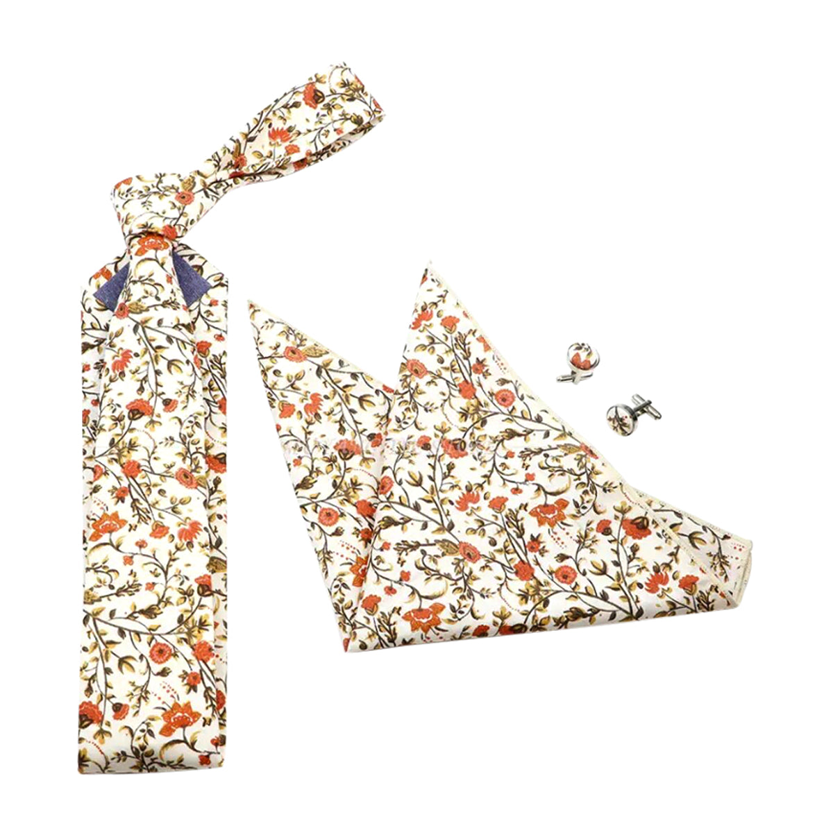 Otto Rusty Orange, Cream & Moss Greens Floral Print Tie, Pocket Square and Matching Cufflink Set