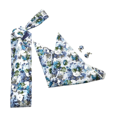Patrick Lilac, Blue and Green Floral Tie, Pocket Square and Matching Cufflink Set