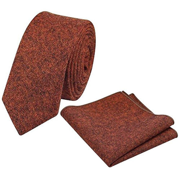 Charlie Burnt Orange Skinny Tweed Tie & Pocket Square with Slate Grey Adult Braces Set