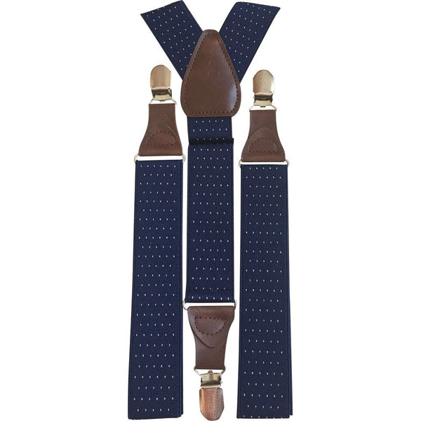 Bea Rusty Burnt Orange Cotton Blend Tie and Pocket Square with Navy Blue Polka Dot Adult Braces Set