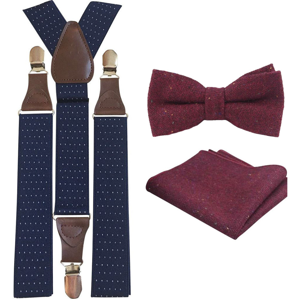 Carter Burgundy Red Adult Tweed Bow Tie, Pocket Square and Navy Blue Polka Dot Braces Set