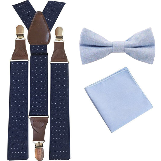 Leo Pale Blue Adult Cotton Bow Tie, Pocket Square and Navy Blue Polka Dot Braces Set