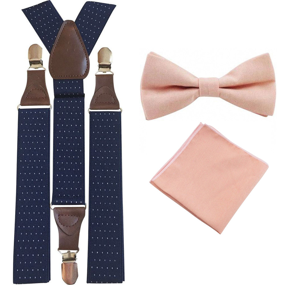 Romeo Blush Pink Adult Cotton Bow Tie, Pocket Square and Navy Blue Polka Dot Braces Set