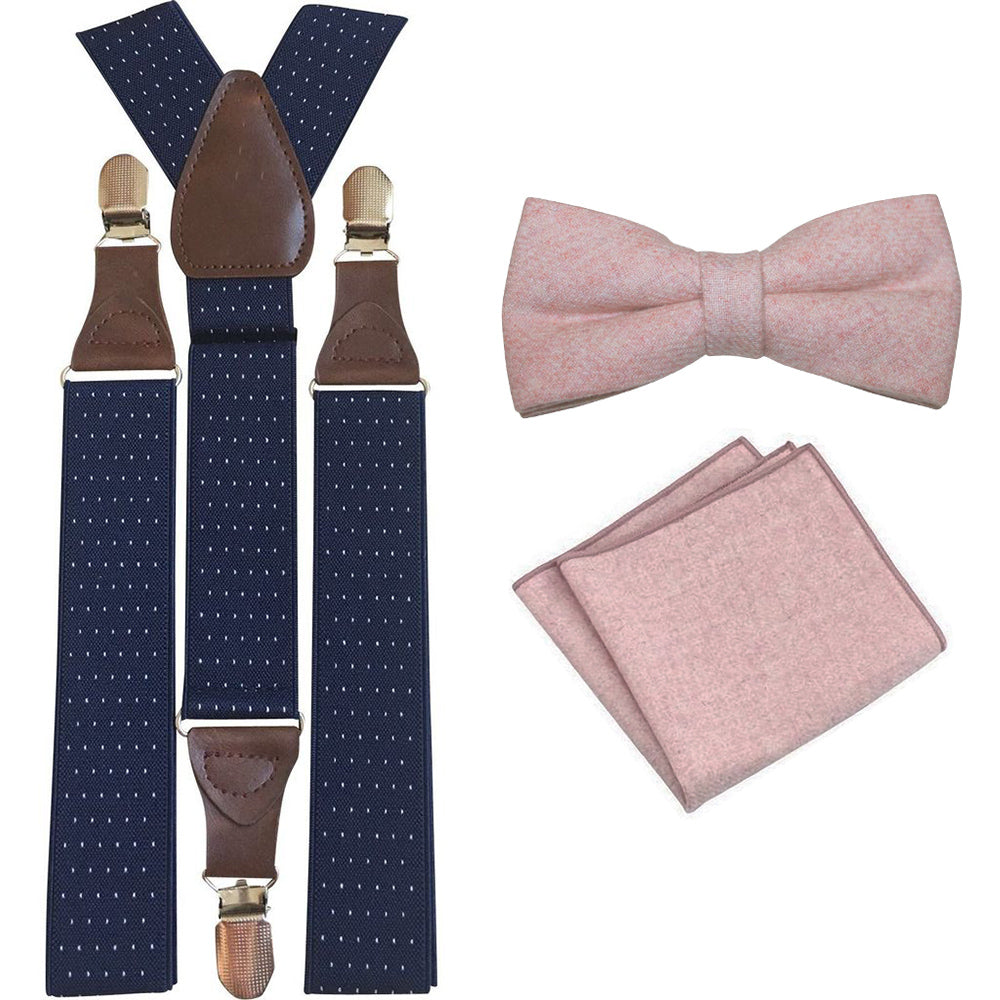Tallulah Dusty Pink Adult Wool Bow Tie, Pocket Square and Navy Blue Polka Dot Braces Set