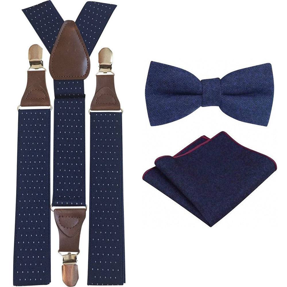 Arthur Navy Blue Adult Wool Bow Tie, Pocket Square and Navy Blue Polka Dot Braces Set