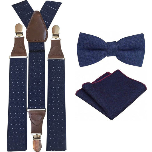 Arthur Navy Blue Adult Wool Bow Tie, Pocket Square and Navy Blue Polka Dot Braces Set