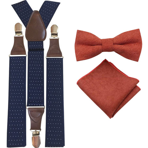 Bea Rusty Burnt Orange Adult Cotton Bow Tie, Pocket Square and Navy Blue Polka Dot Braces Set