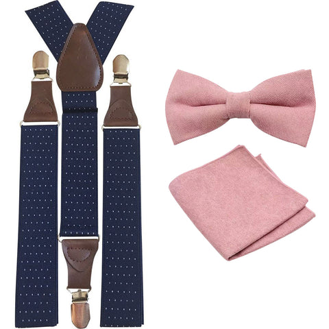 Rose Dusty Rose Pink Adult Cotton Bow Tie, Pocket Square and Navy Blue Polka Dot Braces Set