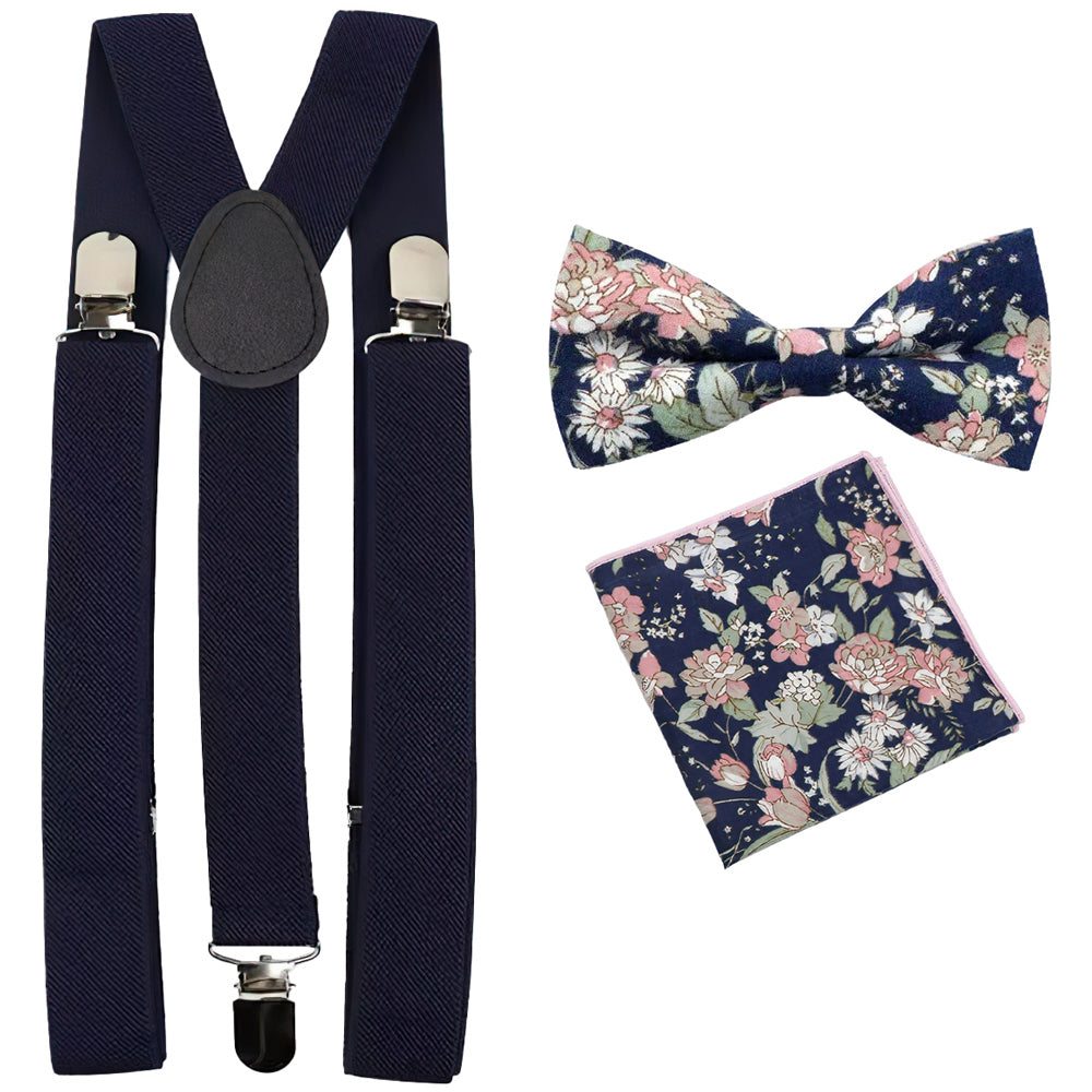 Margot Blue & Pink Floral Adult Cotton Bow Tie, Pocket Square and Navy Blue Plain Braces Set