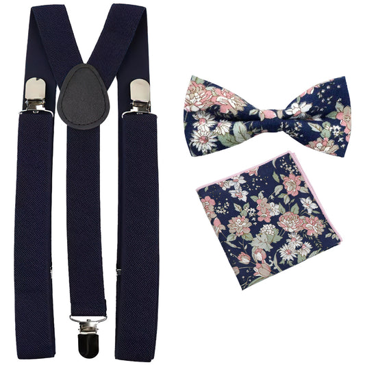 Margot Blue & Pink Floral Adult Cotton Bow Tie, Pocket Square and Navy Blue Plain Braces Set