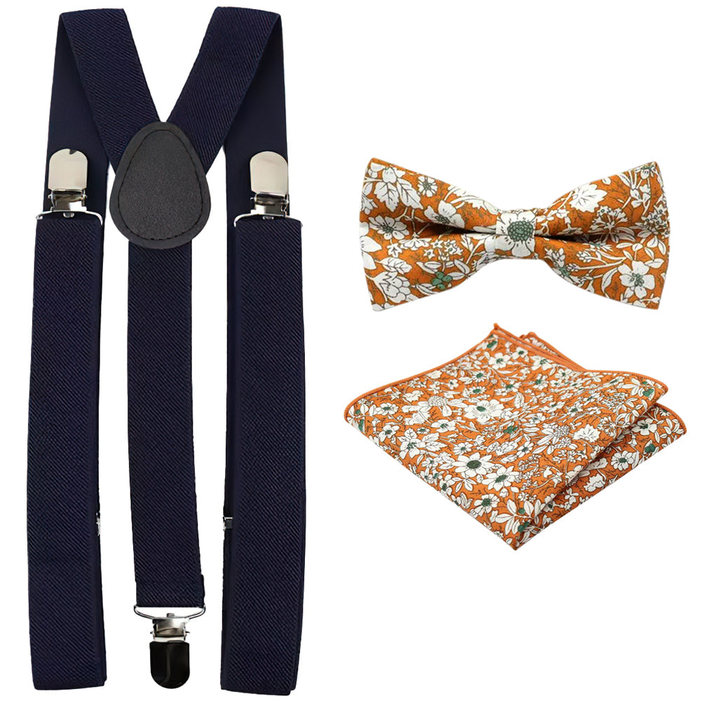 Nora Orange Floral Adult Cotton Bow Tie, Pocket Square and Navy Blue Plain Braces Set