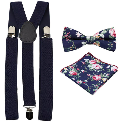 Millie Navy Blue Floral Adult Cotton Bow Tie, Pocket Square and Navy Blue Plain Braces Set