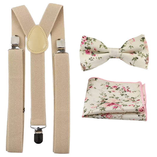 Olivia Cream Floral Adult Cotton Bow Tie, Pocket Square and Cream Beige Braces Set
