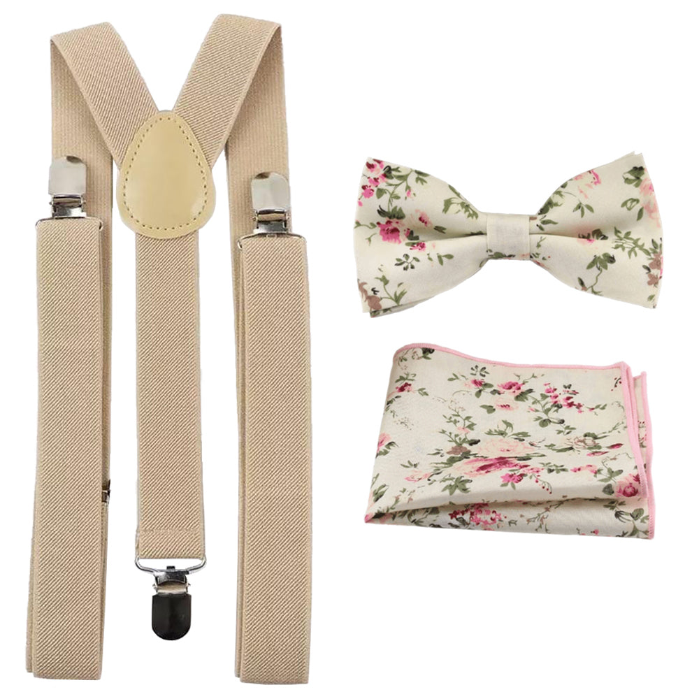 Olivia Cream Floral Adult Cotton Bow Tie, Pocket Square and Cream Beige Braces Set