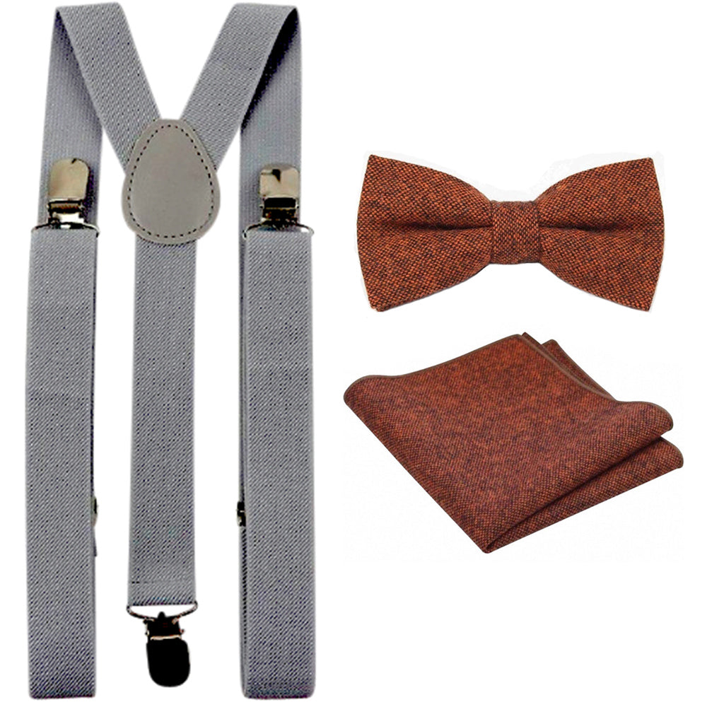 Charlie Burnt Orange Adult Wool Bow Tie, Pocket Square and Slate Grey Braces Set