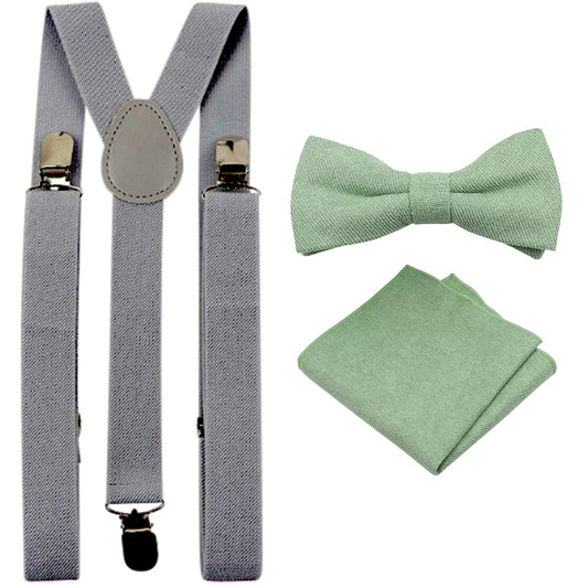 Harrison Sage Green Adult Cotton Bow Tie, Pocket Square and Slate Grey Braces Set