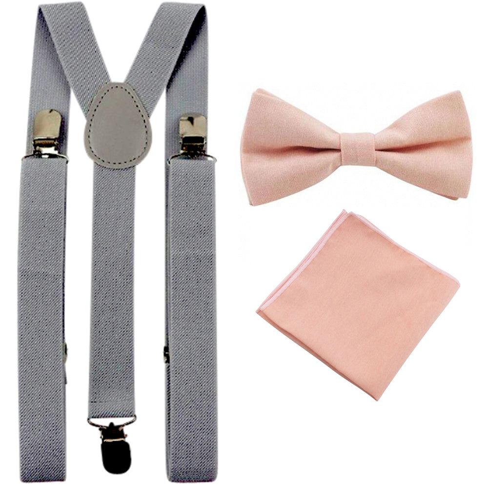 Romeo Blush Pink Adult Cotton Bow Tie, Pocket Square and Slate Grey Braces Set