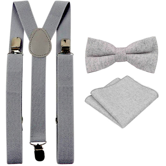 Laurie Light Grey Herringbone Adult Wool Bow Tie, Pocket Square and Slate Grey Braces Set