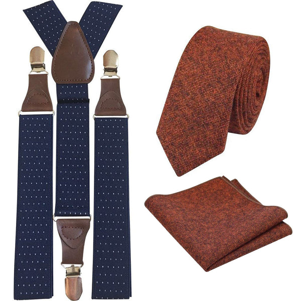 Charlie Burnt Orange Skinny Tweed Tie & Pocket Square with Navy Blue Polka Dot Adult Braces Set