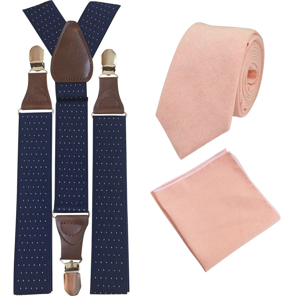 Romeo Blush Pink/Peach Skinny Cotton Tie and Pocket Square with Navy Blue Polka Dot Adult Braces Set