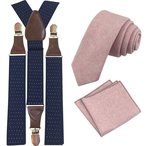 Tallulah Dusty Pink Adult Wool Tie and Pocket Square with Navy Blue Polka Dot Braces Set